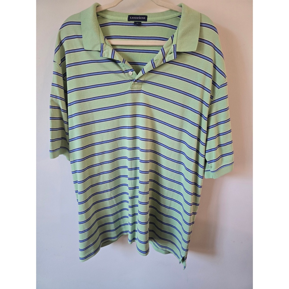 Lands End Mens XXL Green Blue Striped Short Sleeve Cotton Polo Shirt 50-52